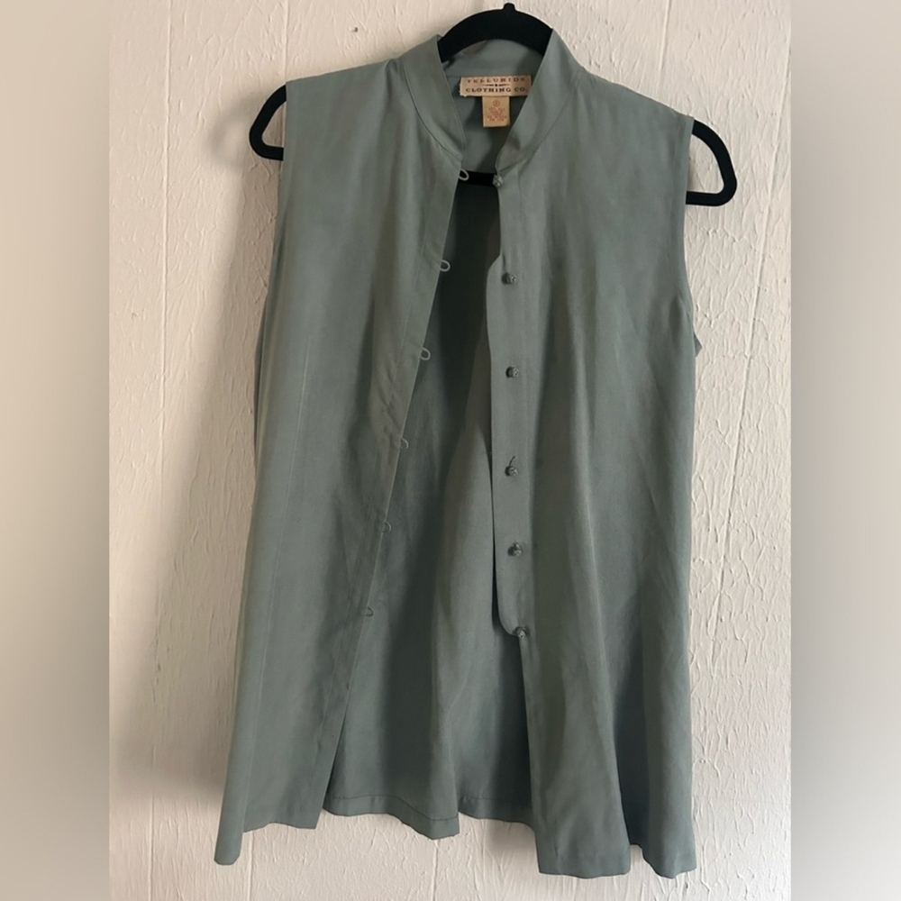 TELLURIDE 100% Silk Popover Vest Sleeveless Blouse Button-Up Top in Sage Green 8 - Picture 3 of 8
